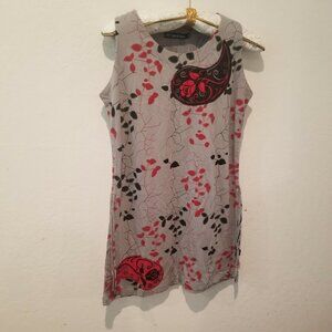 Leopards & Roses Women Sleeveless Belted Tunic Top Medium Floral Gray Cotton New